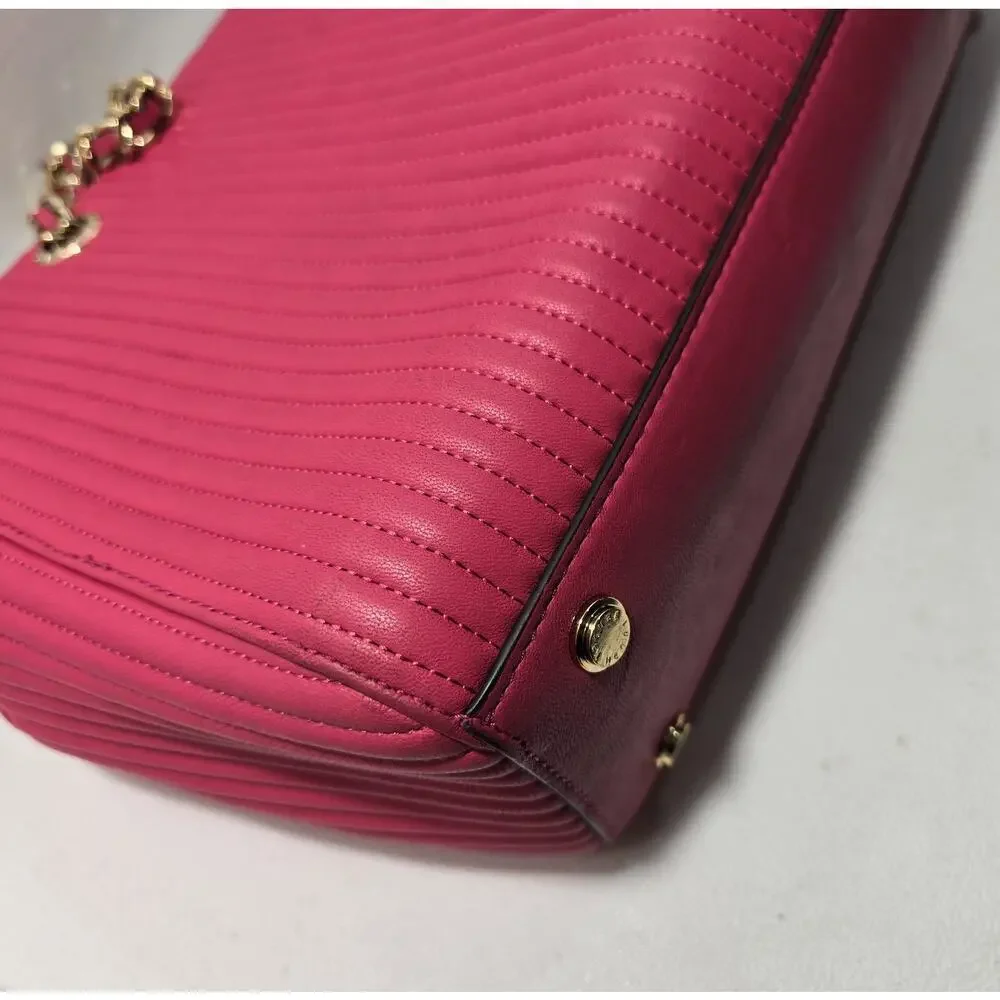 Henri Bendel No 7 Hot Pink Leather Tote Bag Quilted Vertical Chain East West